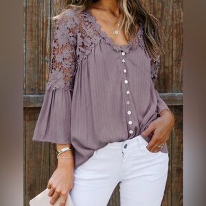 ‼️SOLD‼️ Bohemian Boutique Lilac Button Front Lace Floral Detail Top